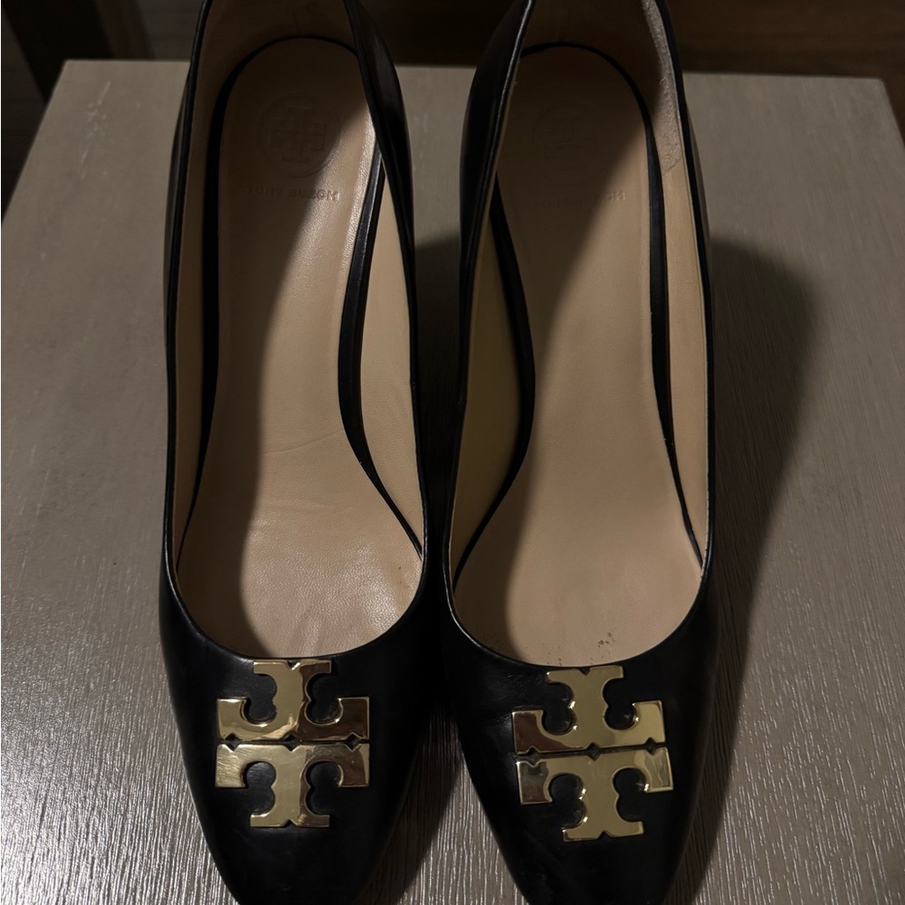Tory Burch Black and Gold Heels with Signature Logo
